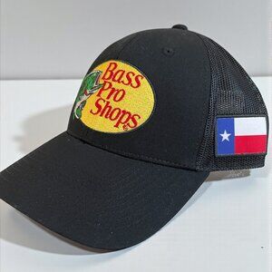 Bass Pro Shops Trucker Hat Black Mesh Texas Flag Patch Adjustable Cap